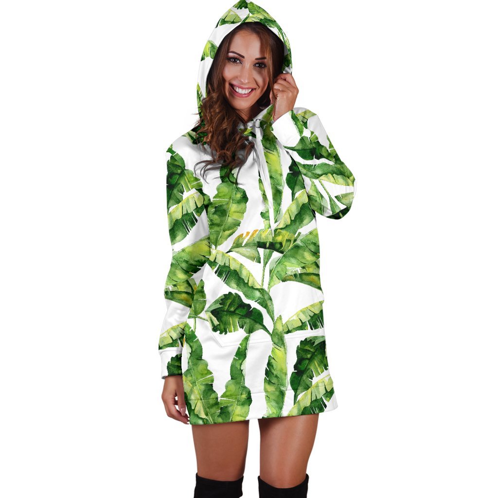 Tropical Banana Leaves Pattern Print Hoodie Dress GearFrost