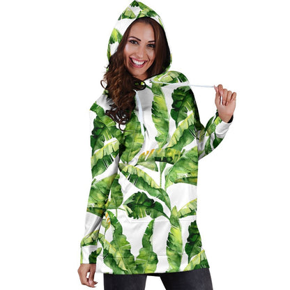 Tropical Banana Leaves Pattern Print Hoodie Dress GearFrost