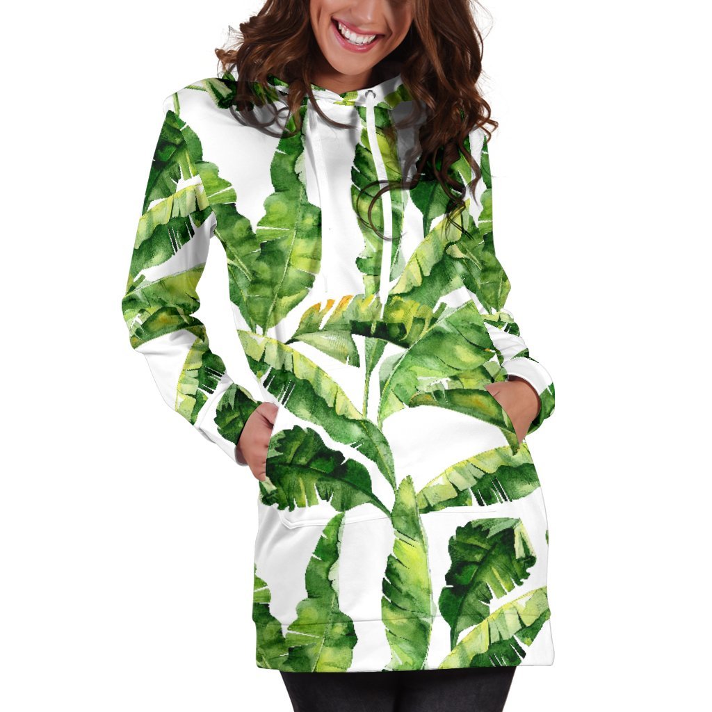 Tropical Banana Leaves Pattern Print Hoodie Dress GearFrost