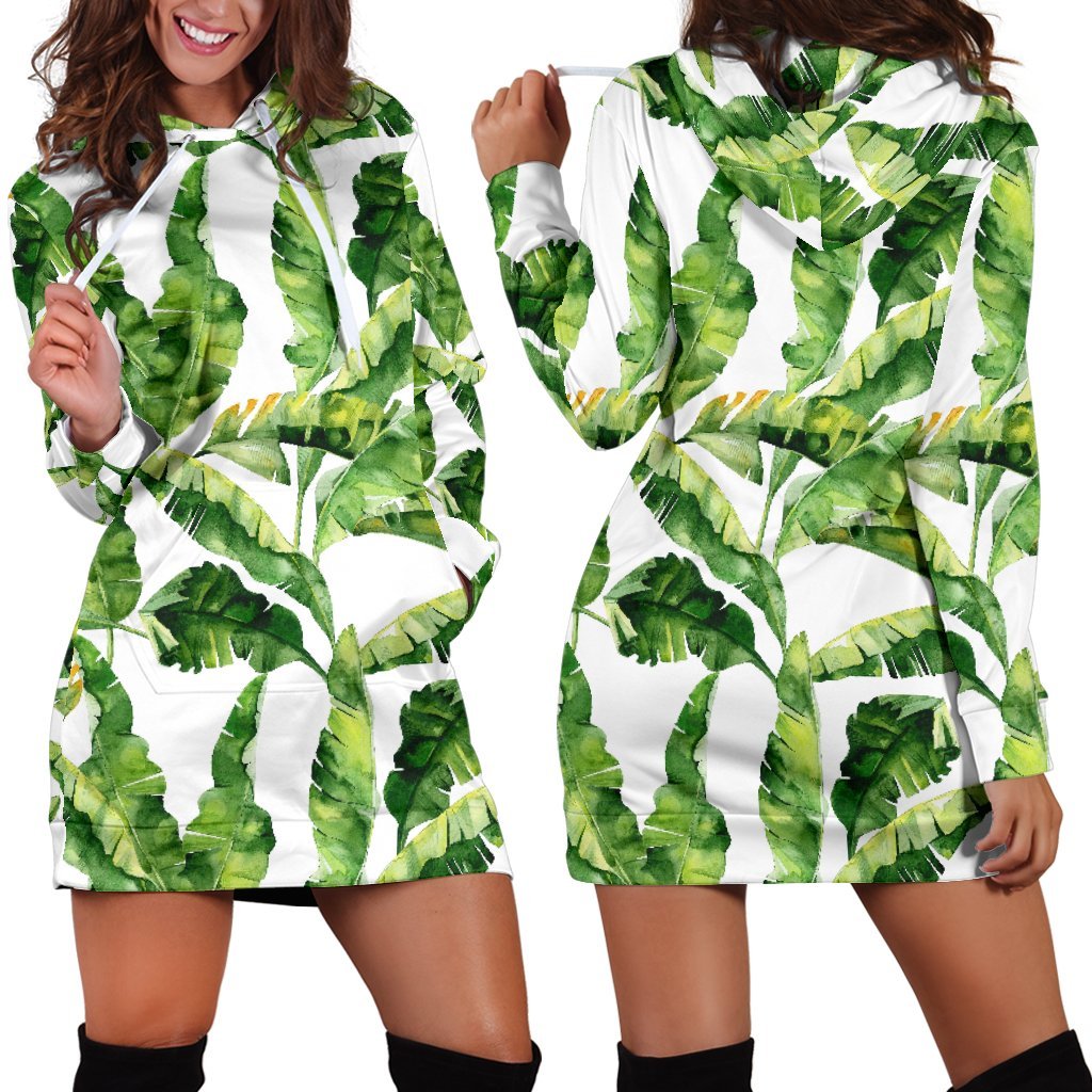 Tropical Banana Leaves Pattern Print Hoodie Dress GearFrost