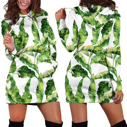Tropical Banana Leaves Pattern Print Hoodie Dress GearFrost