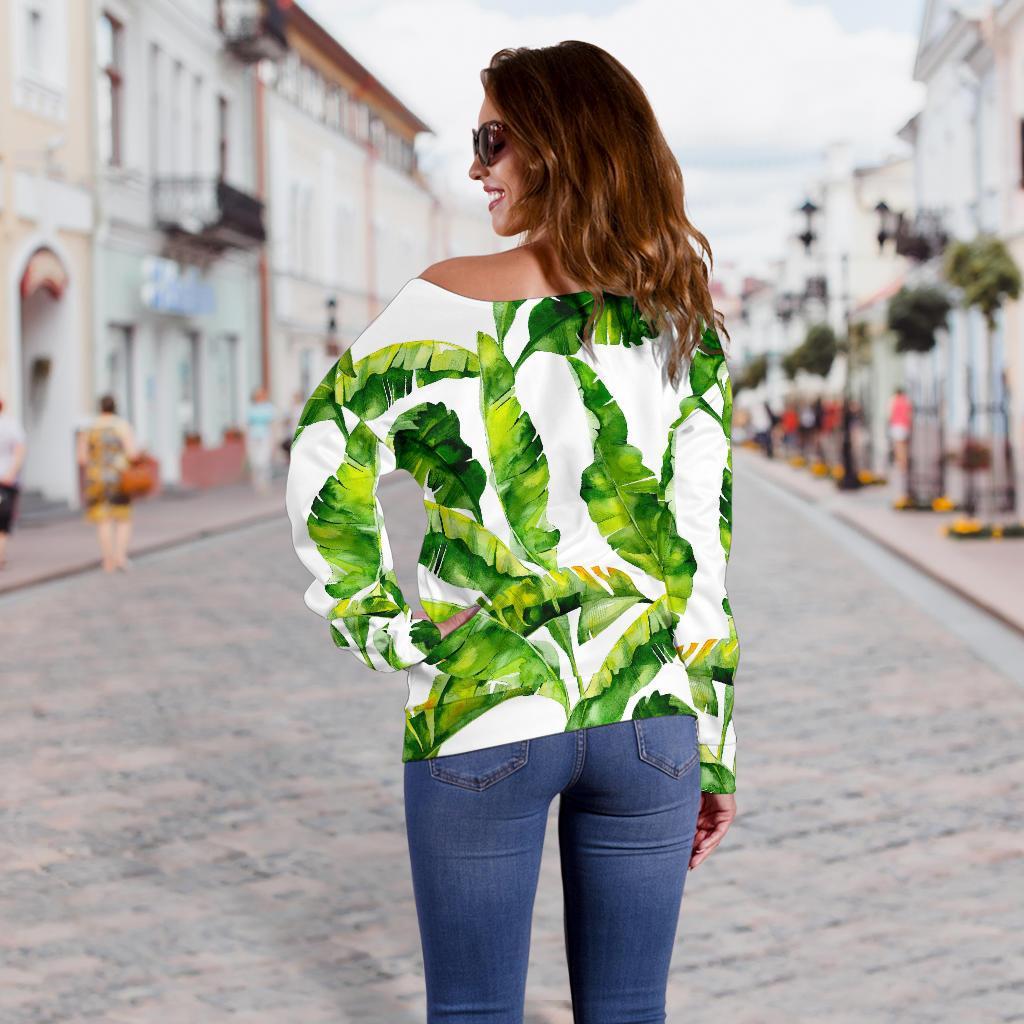 Tropical Banana Leaves Pattern Print Off Shoulder Sweatshirt GearFrost