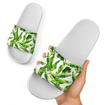 Tropical Banana Leaves Pattern Print White Slide Sandals