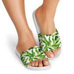 Tropical Banana Leaves Pattern Print White Slide Sandals