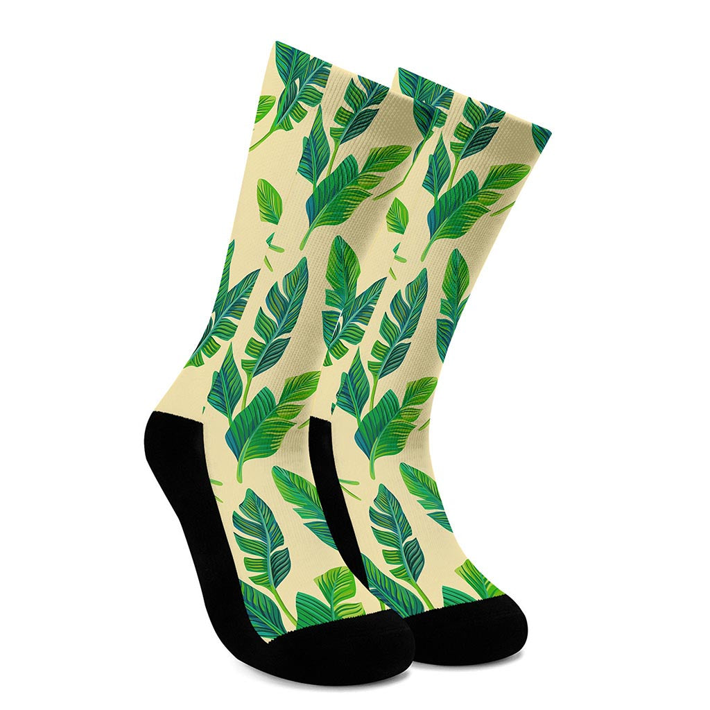 Tropical Banana Palm Leaf Pattern Print Crew Socks