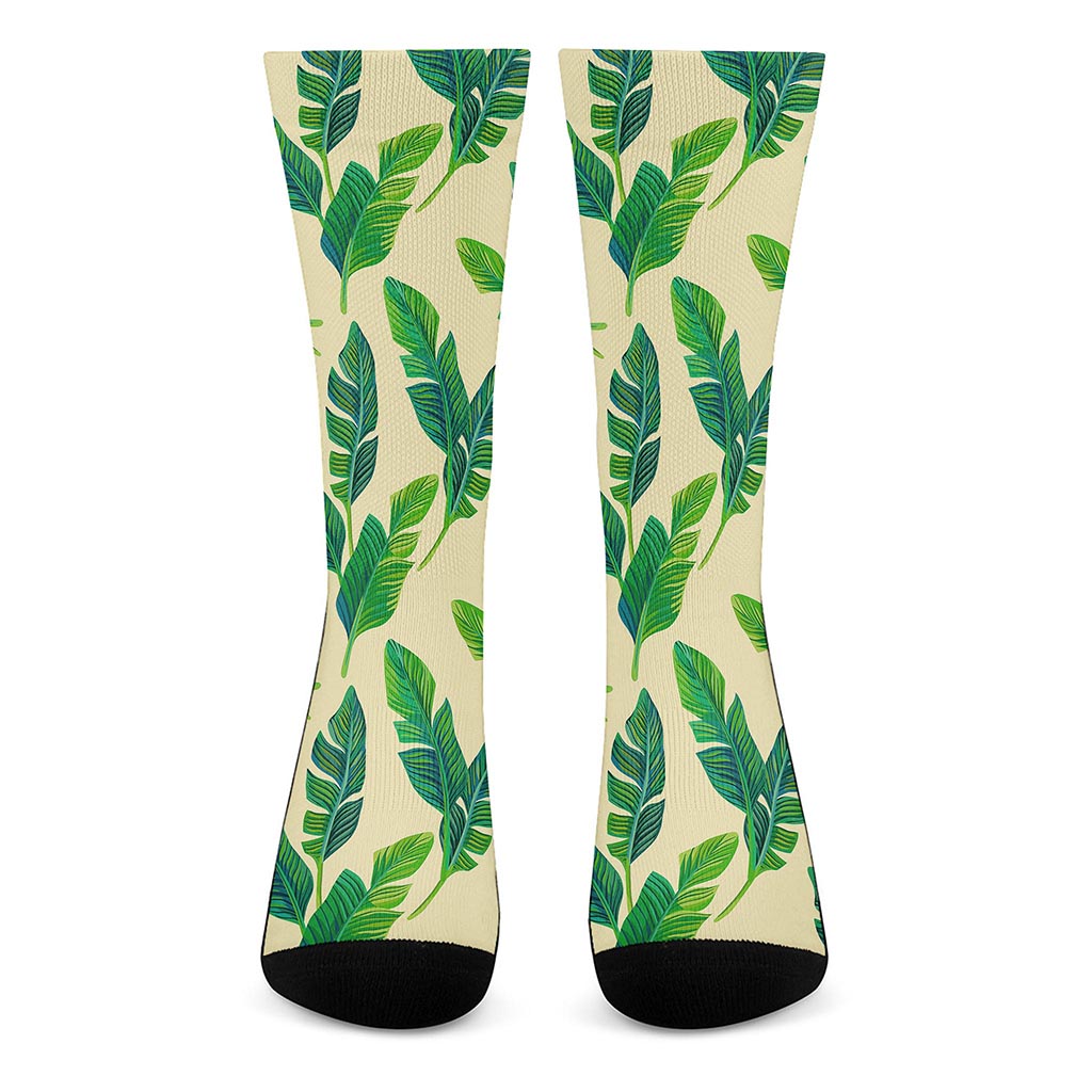 Tropical Banana Palm Leaf Pattern Print Crew Socks