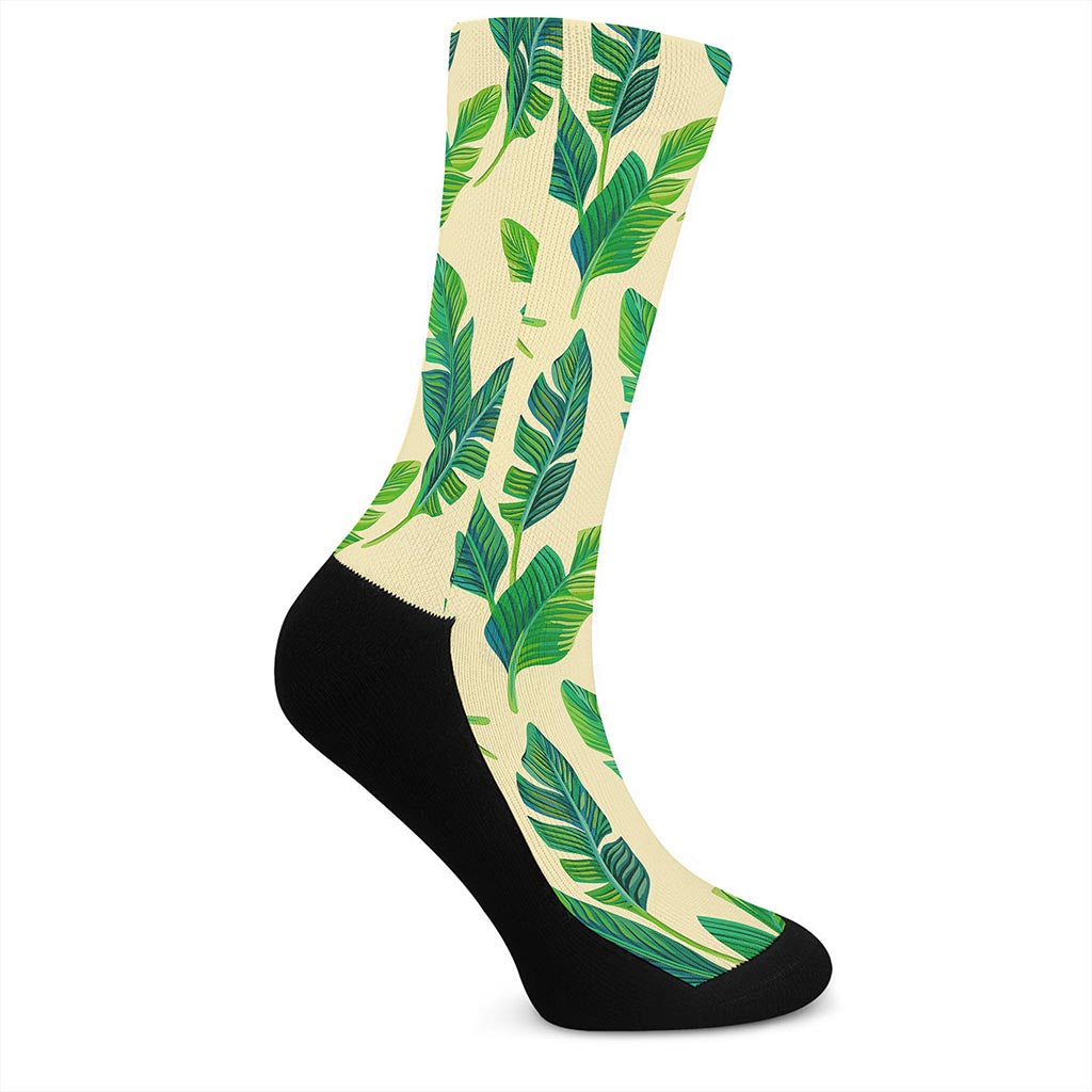 Tropical Banana Palm Leaf Pattern Print Crew Socks