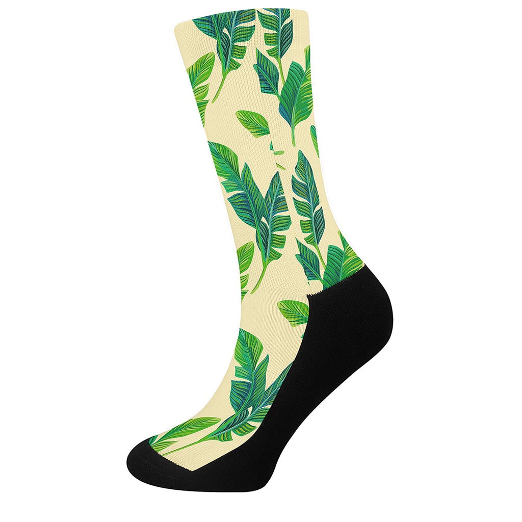 Tropical Banana Palm Leaf Pattern Print Crew Socks