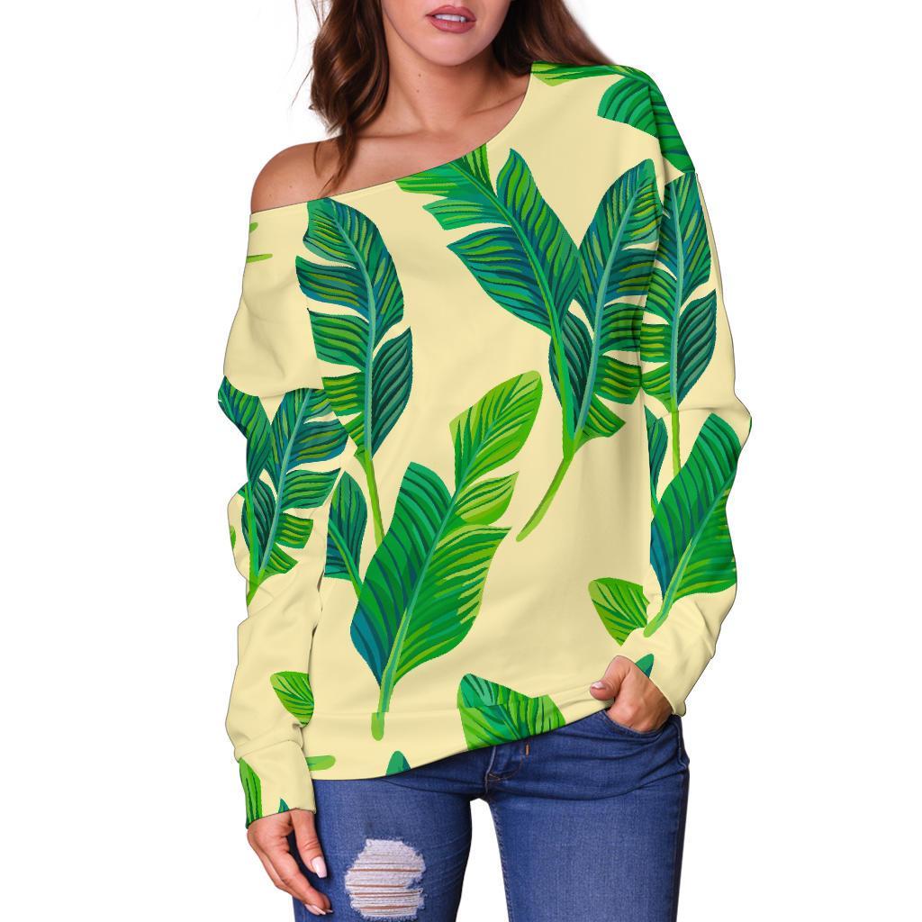 Tropical Banana Palm Leaf Pattern Print Off Shoulder Sweatshirt GearFrost