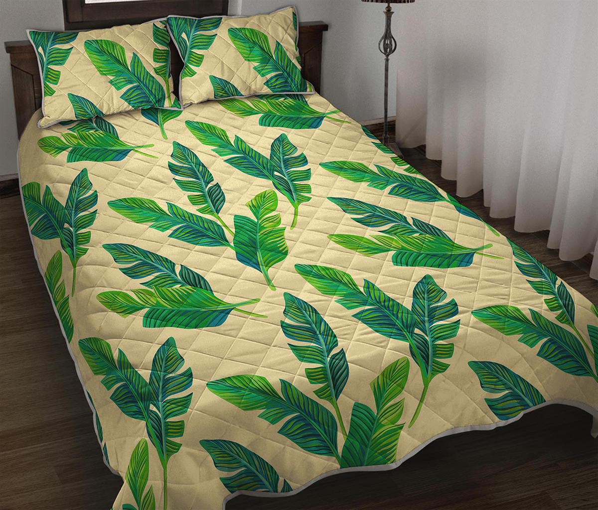 Tropical Banana Palm Leaf Pattern Print Quilt Bed Set
