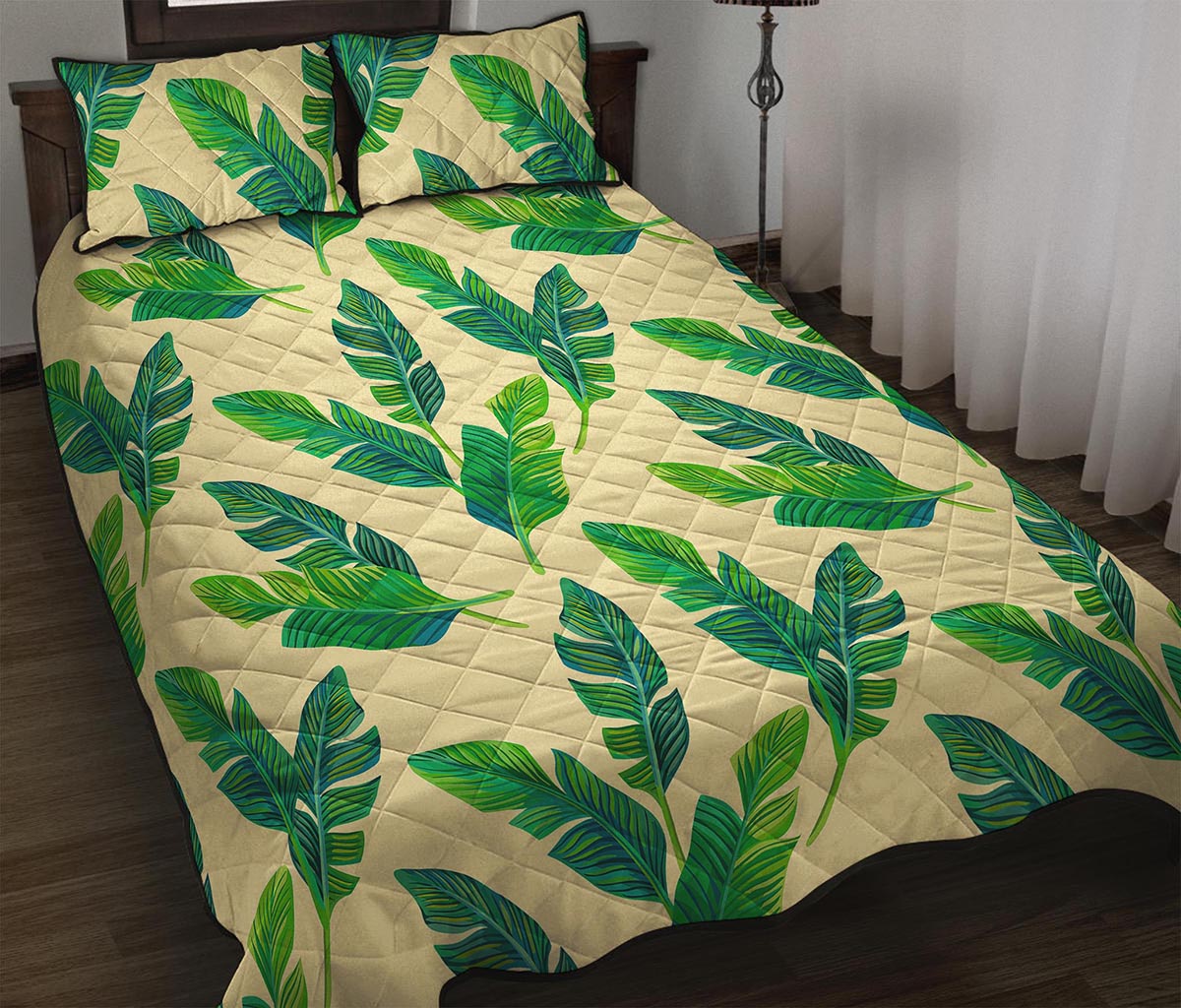 Tropical Banana Palm Leaf Pattern Print Quilt Bed Set