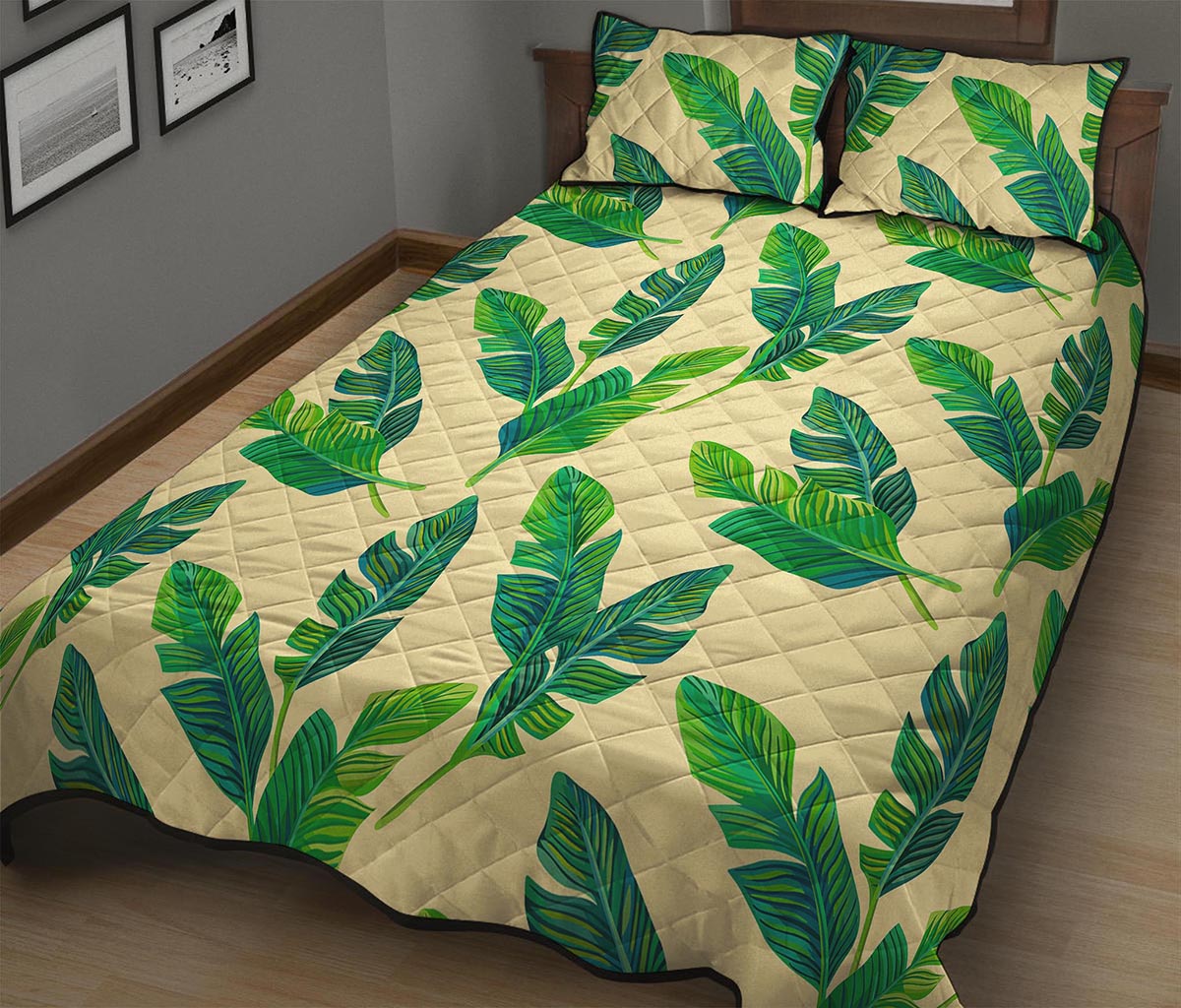 Tropical Banana Palm Leaf Pattern Print Quilt Bed Set