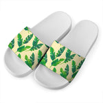 Tropical Banana Palm Leaf Pattern Print White Slide Sandals
