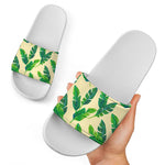 Tropical Banana Palm Leaf Pattern Print White Slide Sandals