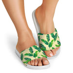 Tropical Banana Palm Leaf Pattern Print White Slide Sandals