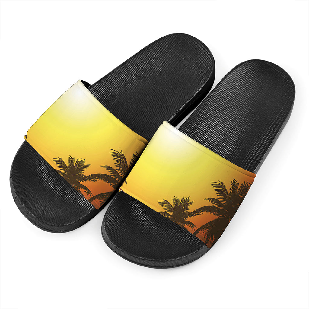 Tropical Beach Sunset Print Black Slide Sandals
