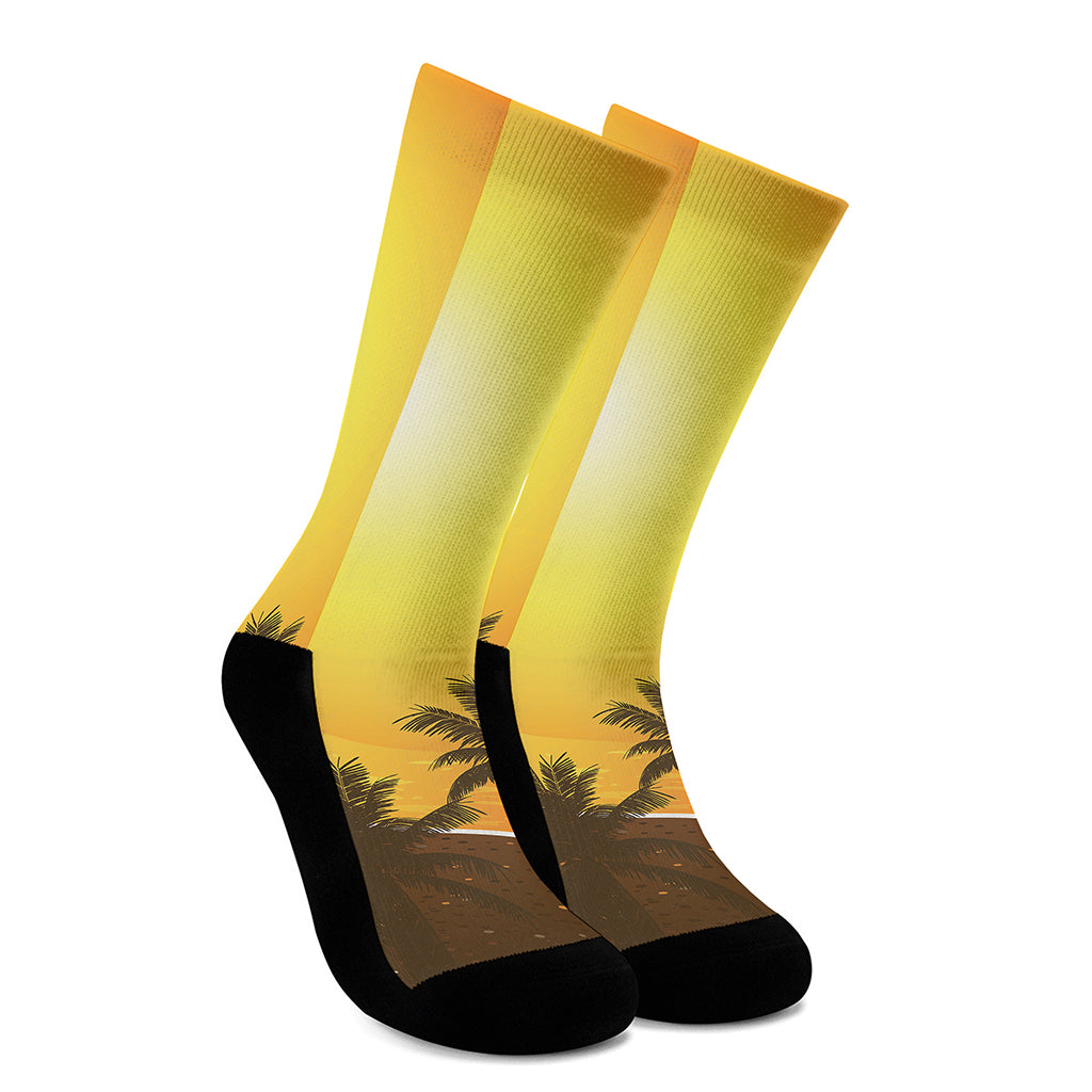 Tropical Beach Sunset Print Crew Socks