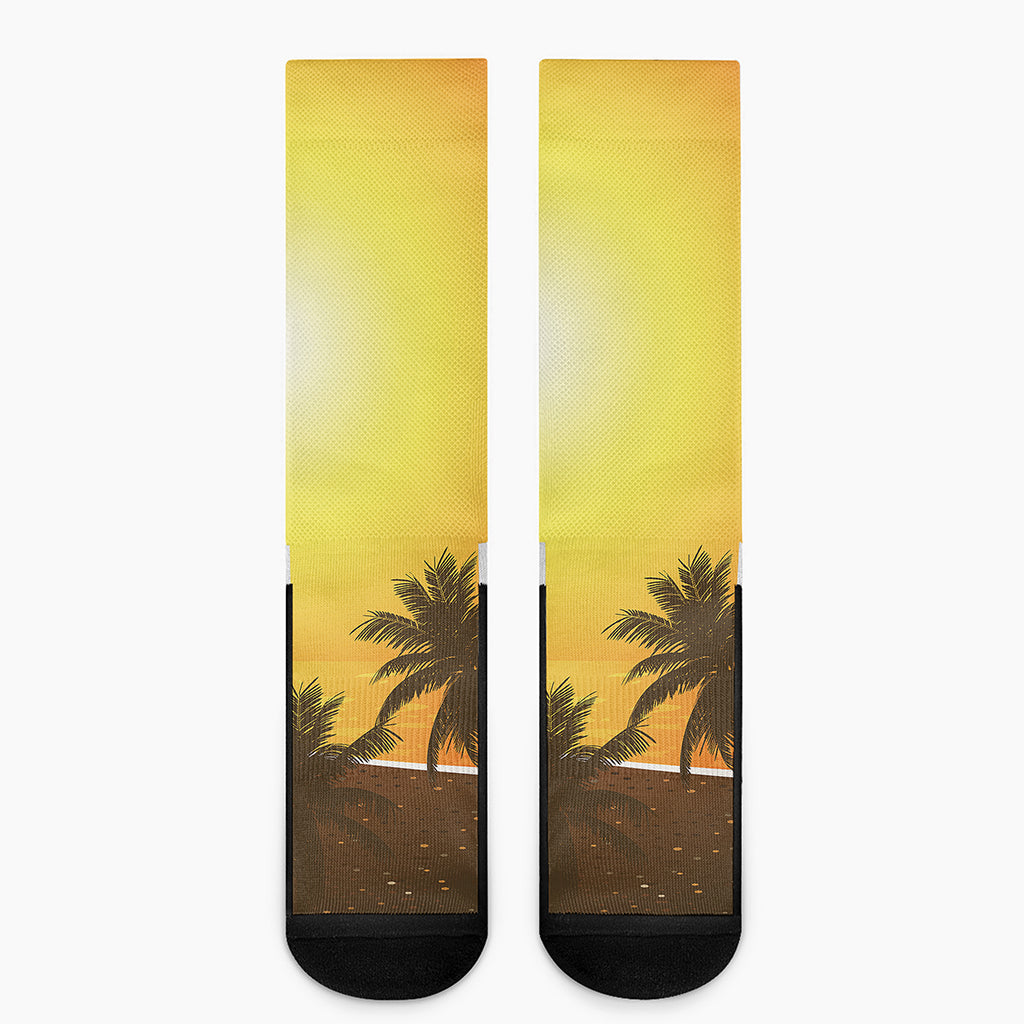 Tropical Beach Sunset Print Crew Socks