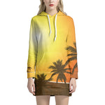 Tropical Beach Sunset Print Hoodie Dress