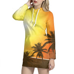 Tropical Beach Sunset Print Hoodie Dress