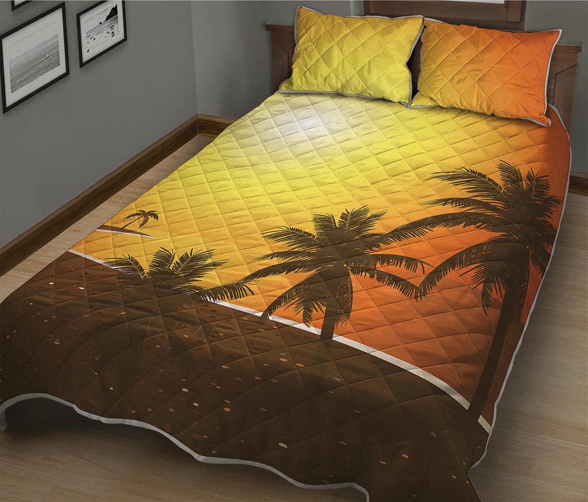 Tropical Beach Sunset Print Quilt Bed Set