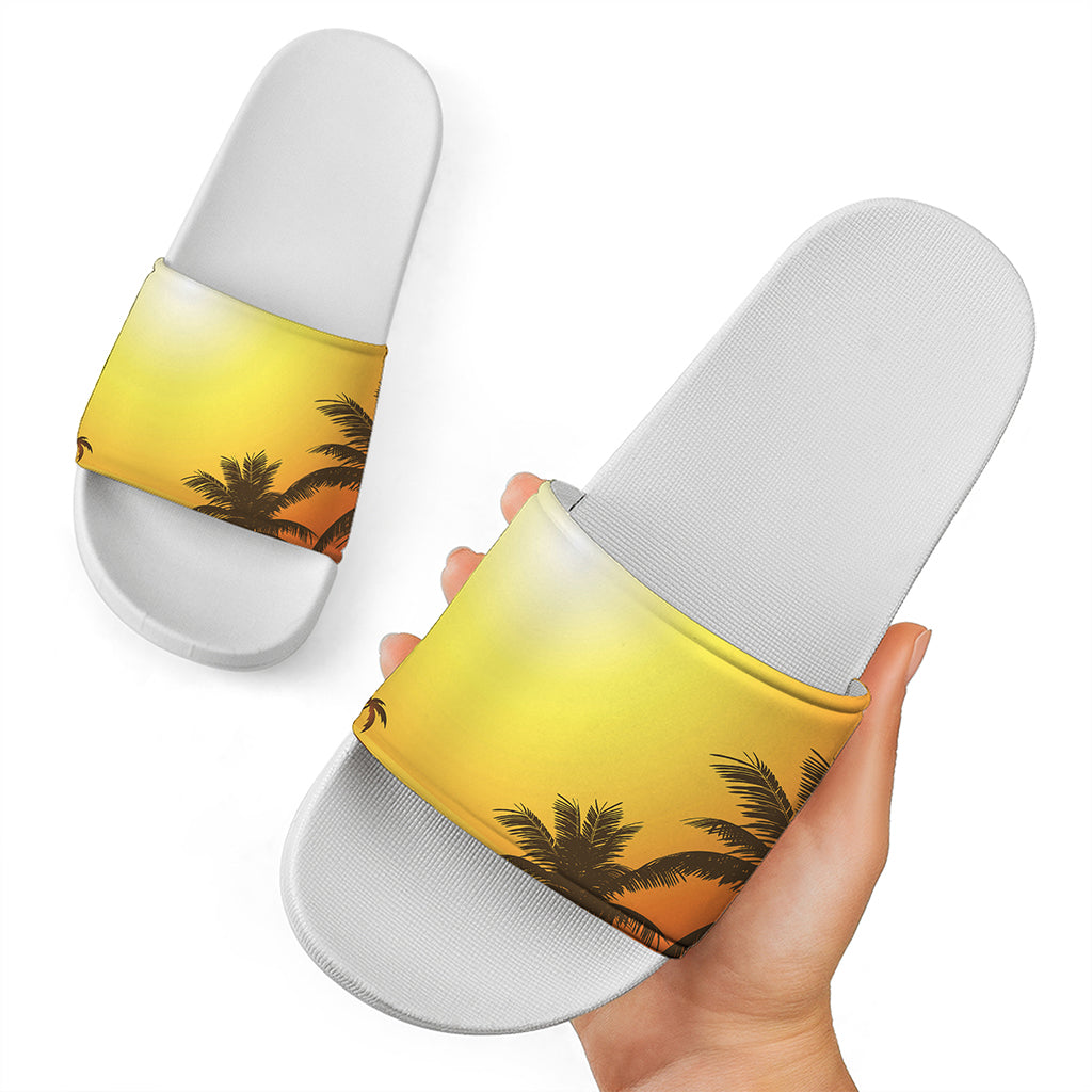 Tropical Beach Sunset Print White Slide Sandals
