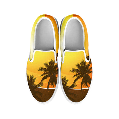 Tropical Beach Sunset Print White Slip On Shoes