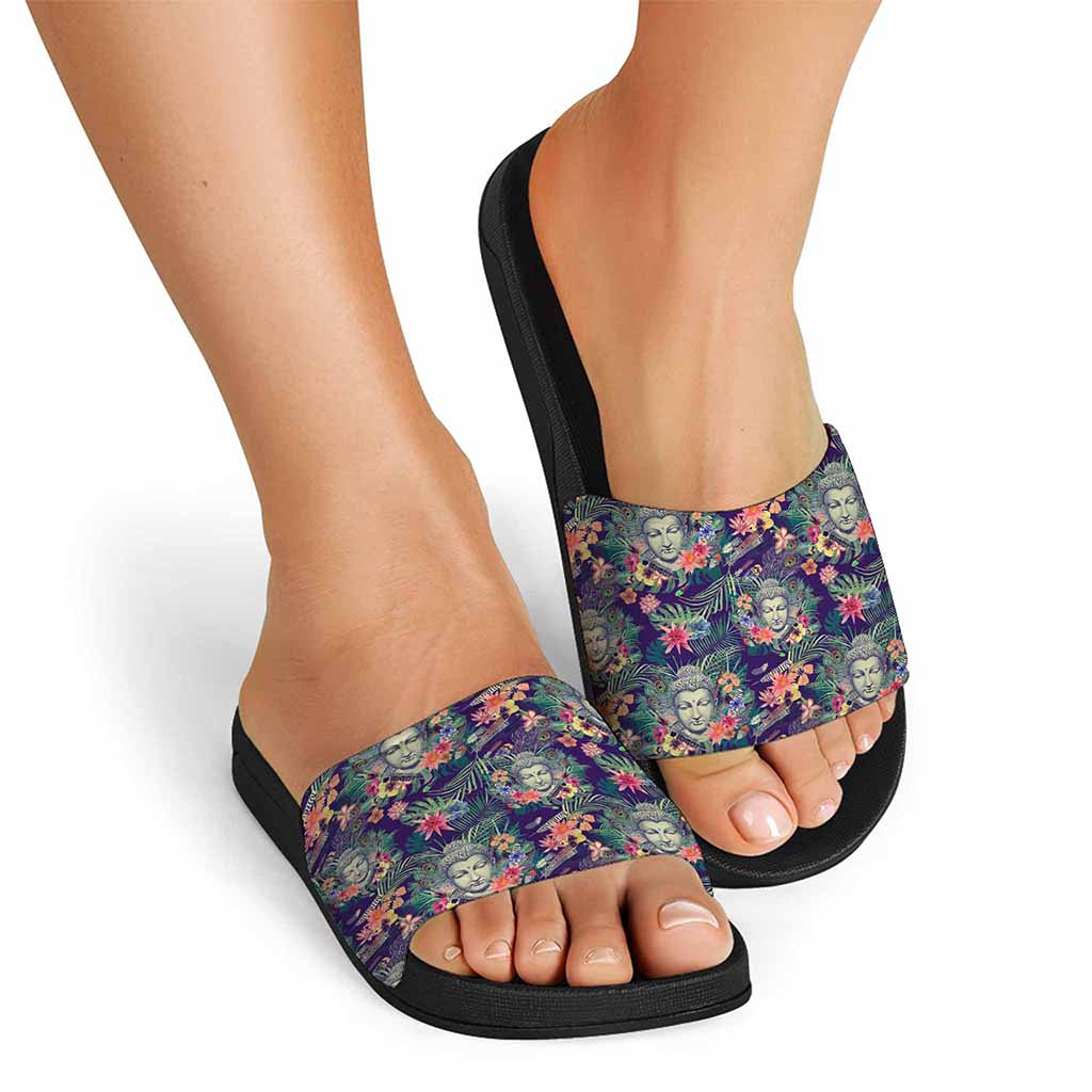 Tropical Buddha Print Black Slide Sandals