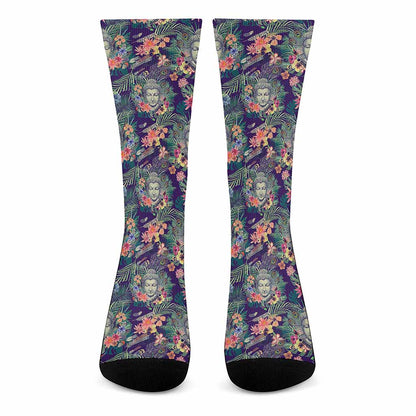 Tropical Buddha Print Crew Socks