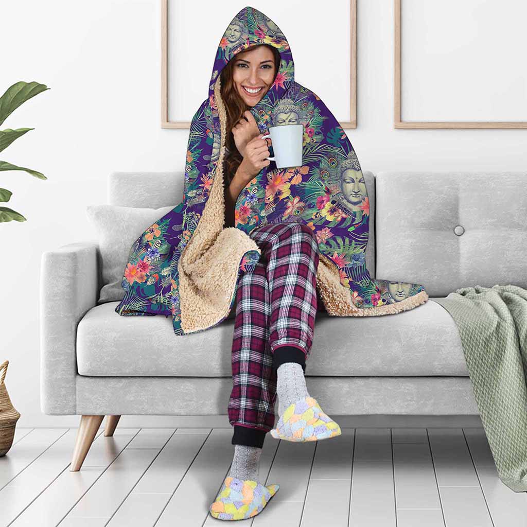 Tropical Buddha Print Hooded Blanket