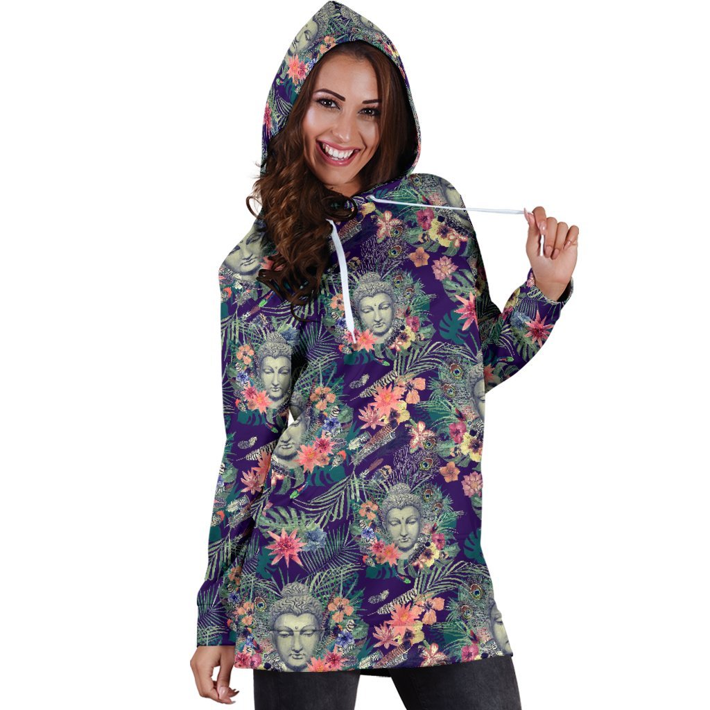 Tropical Buddha Print Hoodie Dress GearFrost