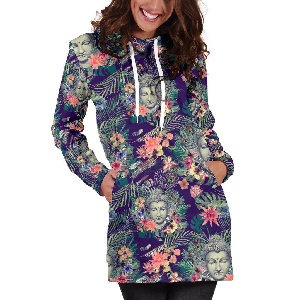 Tropical Buddha Print Hoodie Dress GearFrost