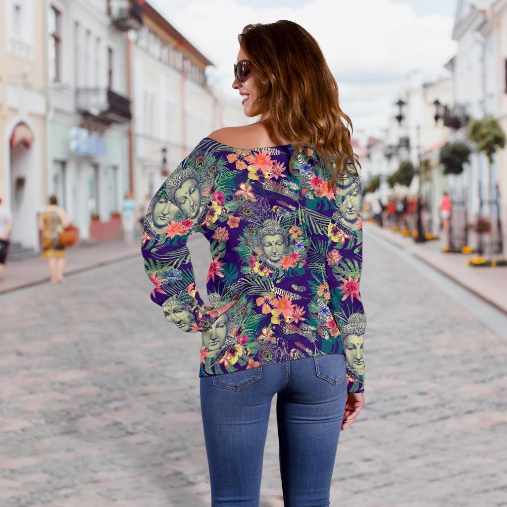 Tropical Buddha Print Off Shoulder Sweatshirt GearFrost