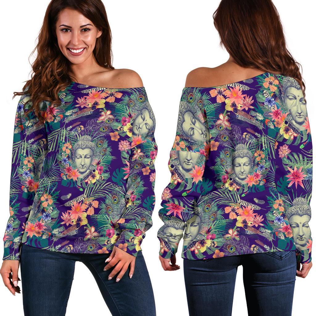 Tropical Buddha Print Off Shoulder Sweatshirt GearFrost