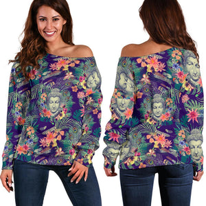 Tropical Buddha Print Off Shoulder Sweatshirt GearFrost