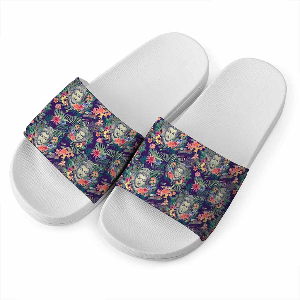 Tropical Buddha Print White Slide Sandals