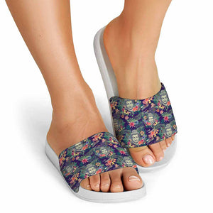 Tropical Buddha Print White Slide Sandals