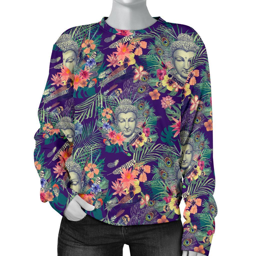 Tropical Buddha Print Women's Crewneck Sweatshirt GearFrost