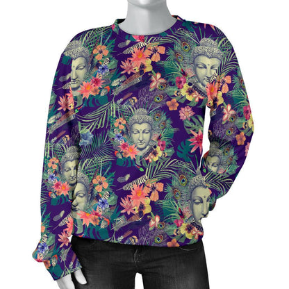 Tropical Buddha Print Women's Crewneck Sweatshirt GearFrost