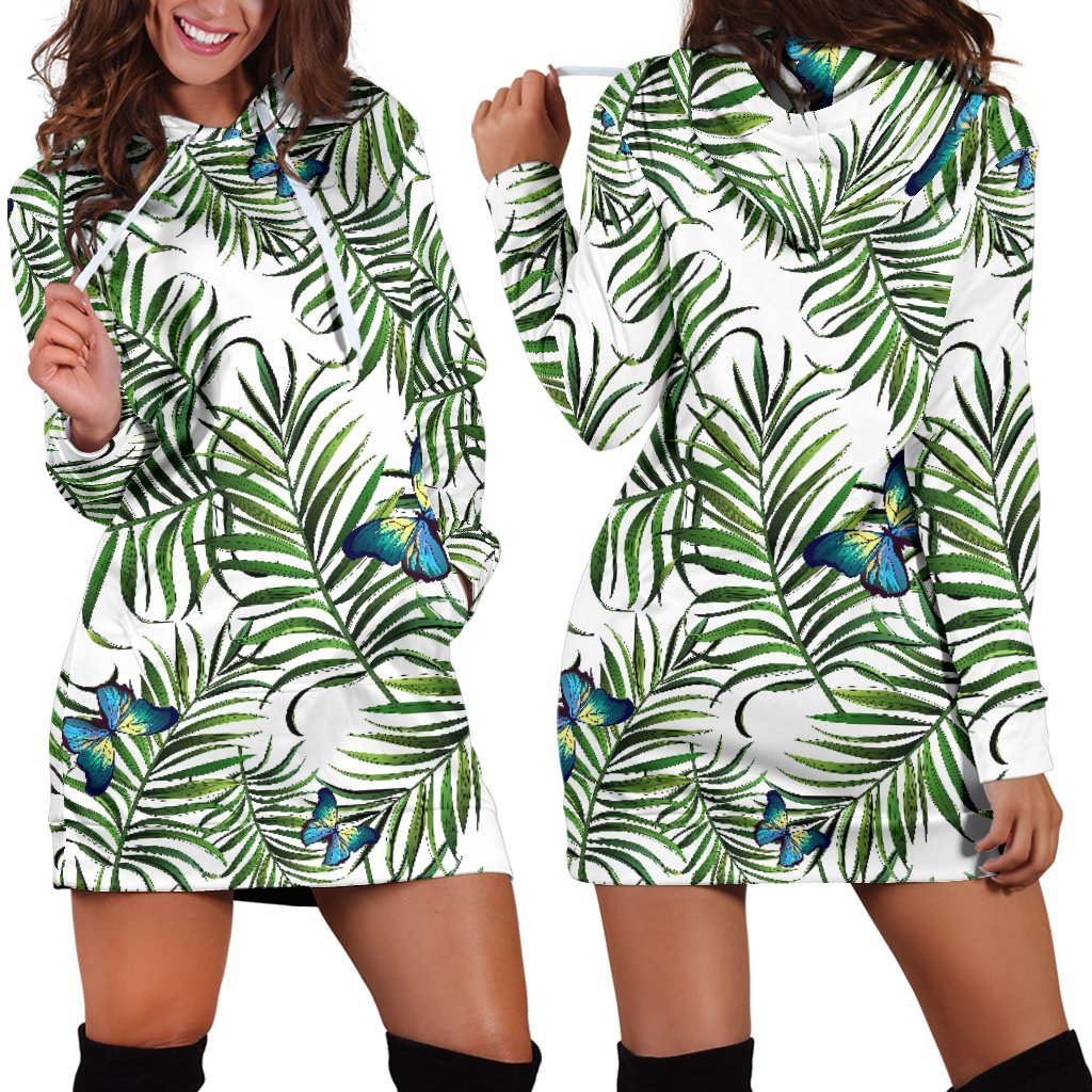 Tropical Butterfly Pattern Print Hoodie Dress GearFrost