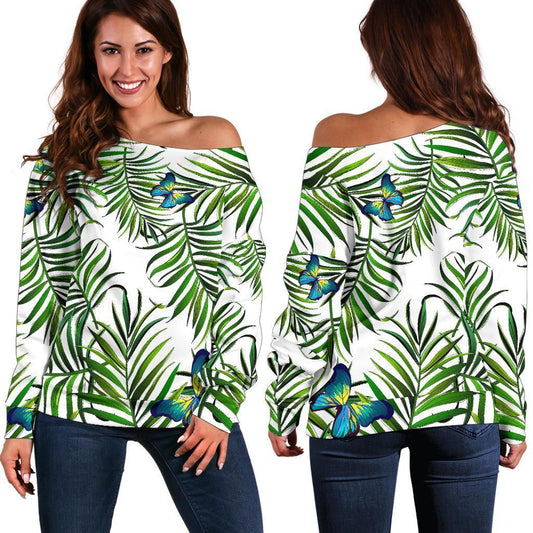 Tropical Butterfly Pattern Print Off Shoulder Sweatshirt GearFrost