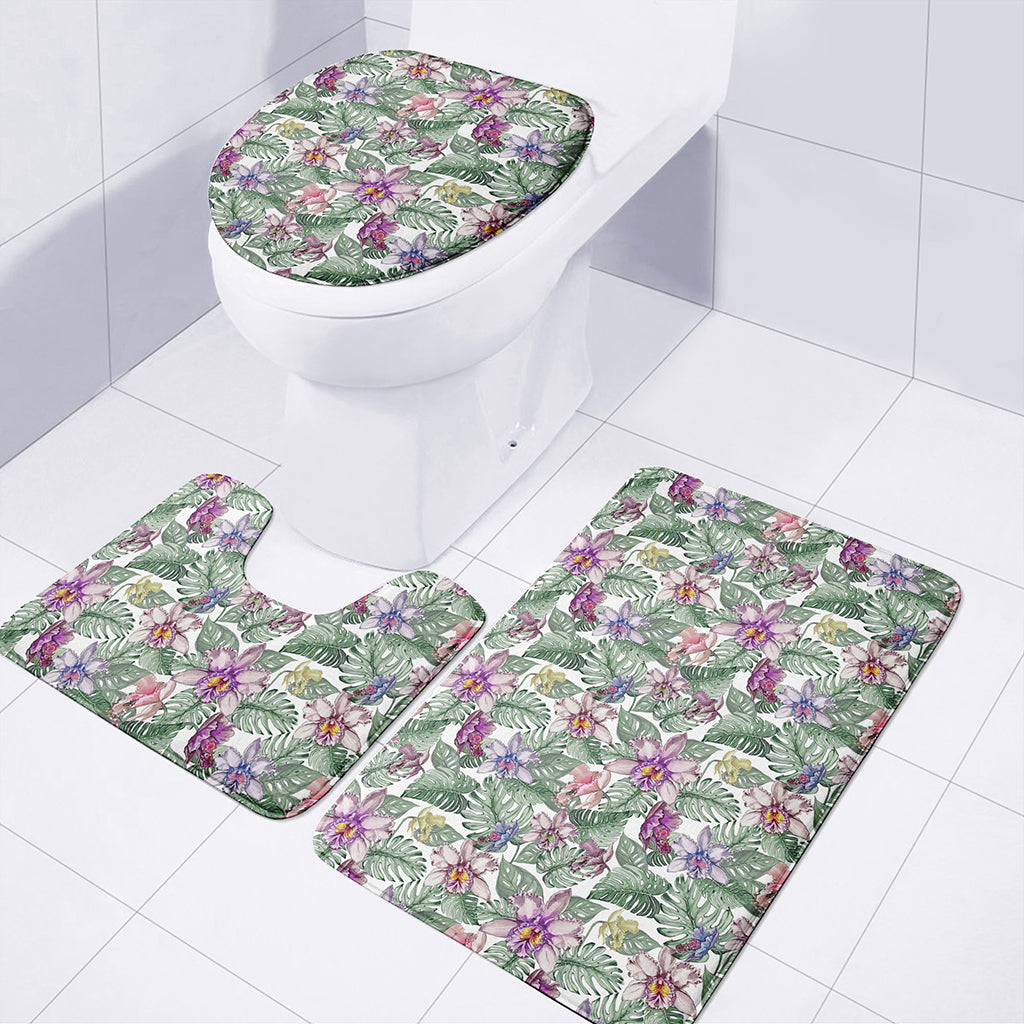 Tropical Cattleya Pattern Print 3 Piece Bath Mat Set