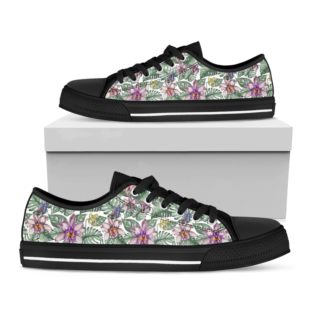 Tropical Cattleya Pattern Print Black Low Top Shoes