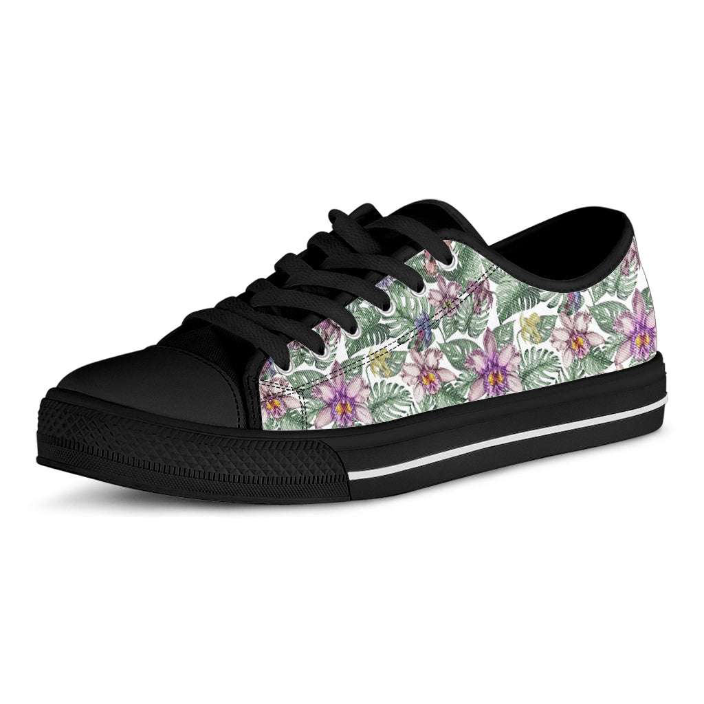 Tropical Cattleya Pattern Print Black Low Top Shoes