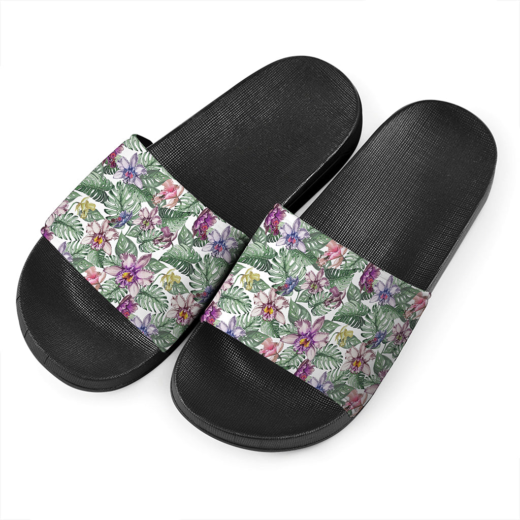 Tropical Cattleya Pattern Print Black Slide Sandals