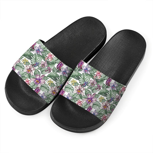 Tropical Cattleya Pattern Print Black Slide Sandals