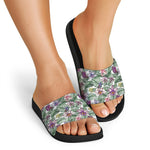 Tropical Cattleya Pattern Print Black Slide Sandals