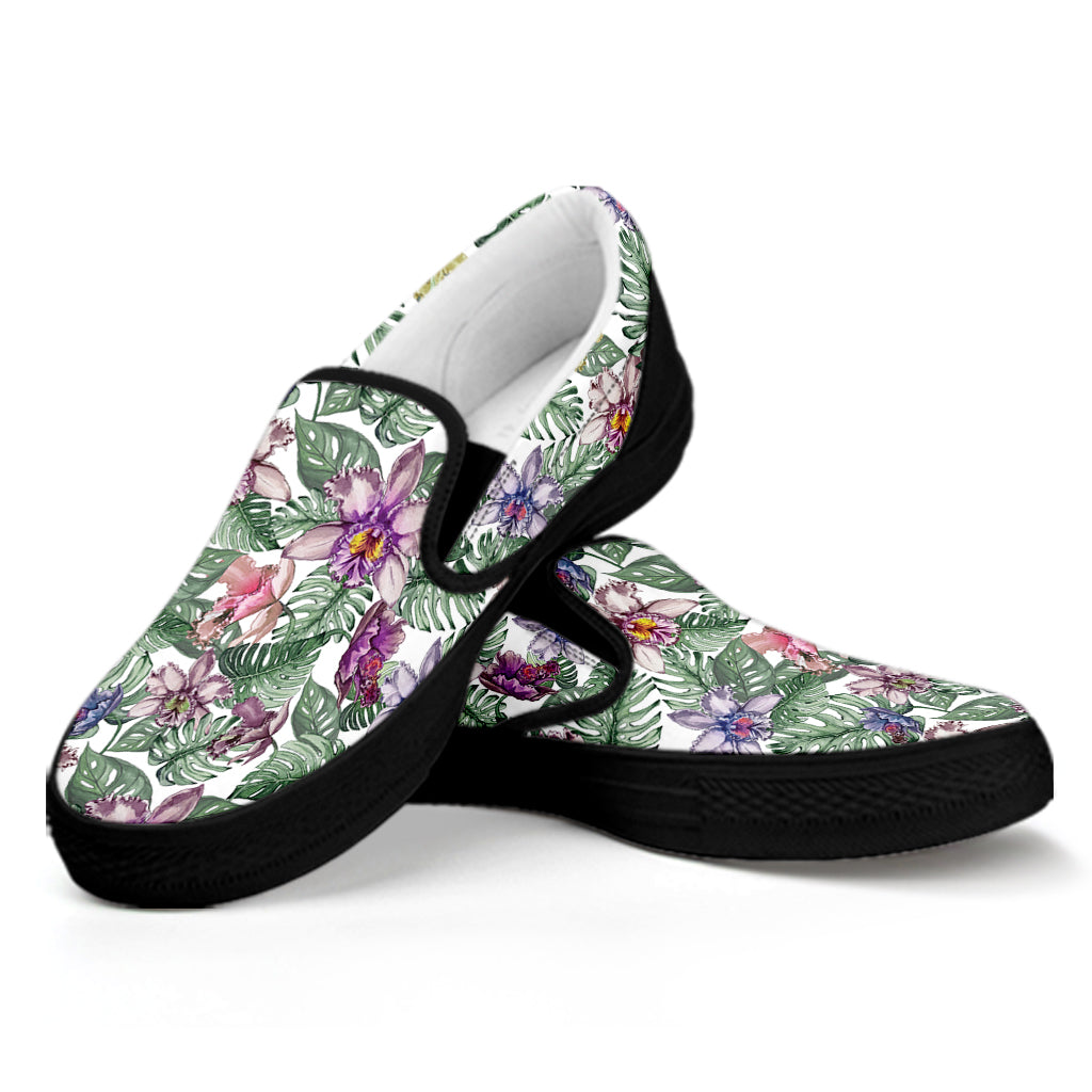 Tropical Cattleya Pattern Print Black Slip On Shoes