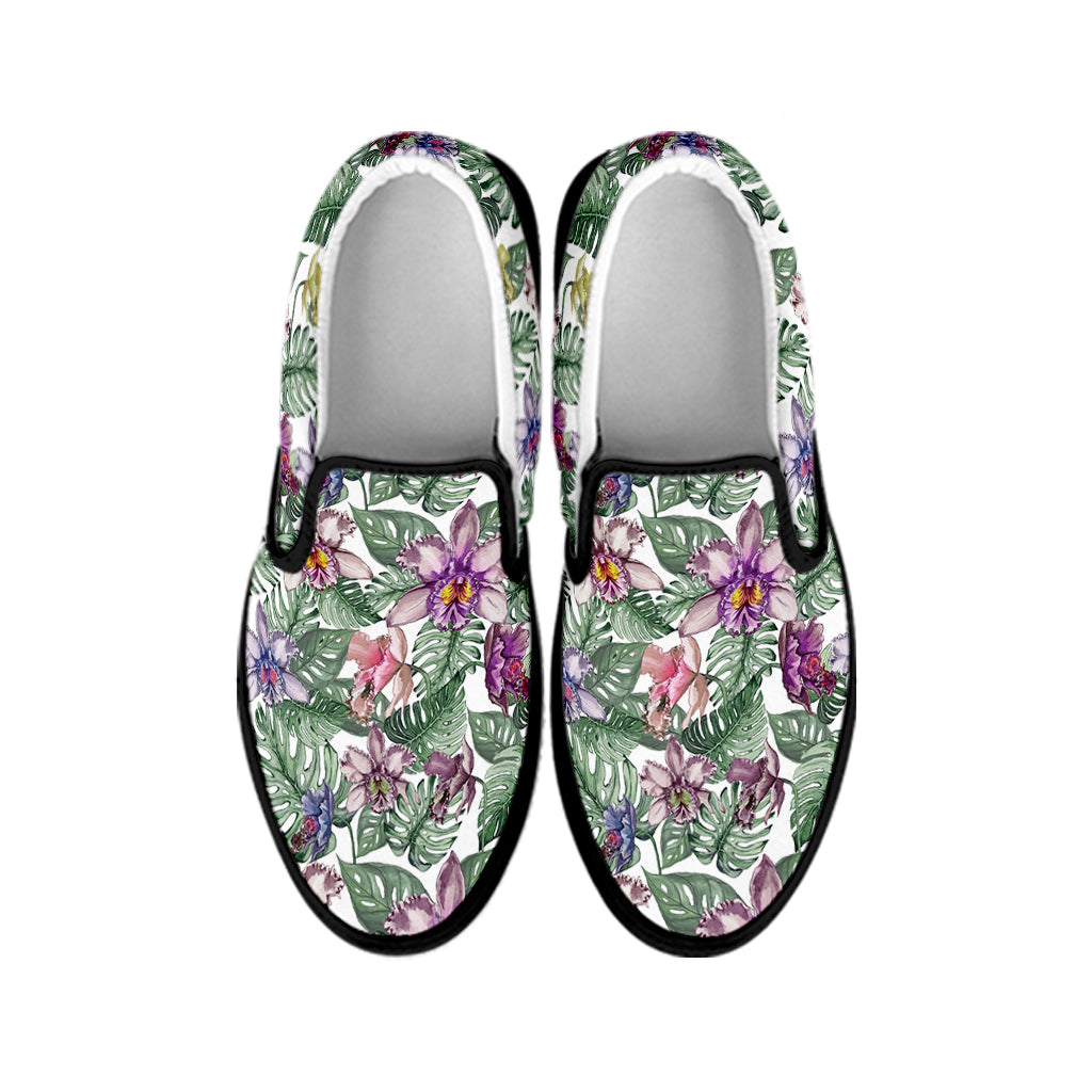 Tropical Cattleya Pattern Print Black Slip On Shoes