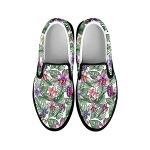 Tropical Cattleya Pattern Print Black Slip On Shoes